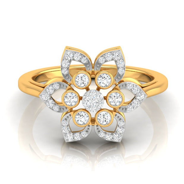 flower style prong set diamond ring in yellow gold