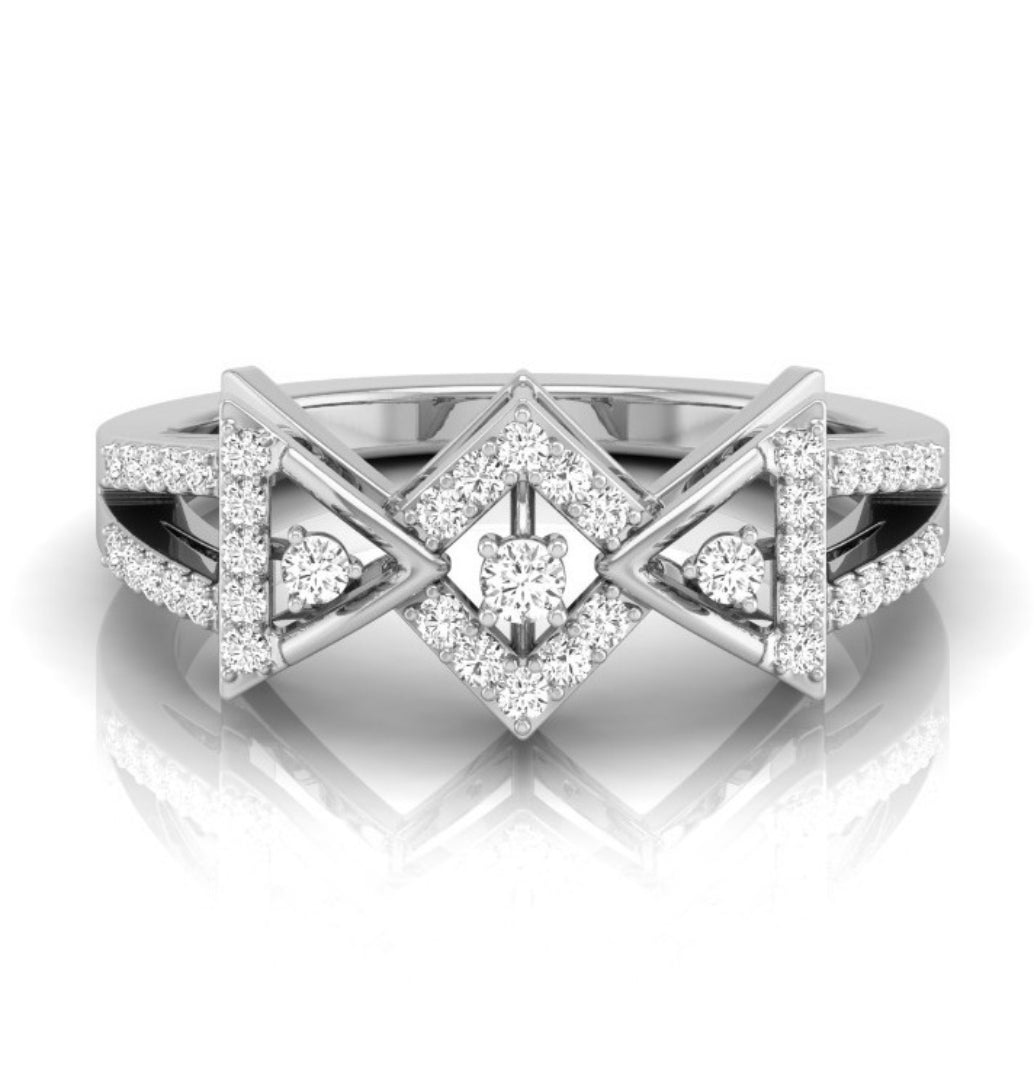 geometric cutwork round cut diamond ring in white gold