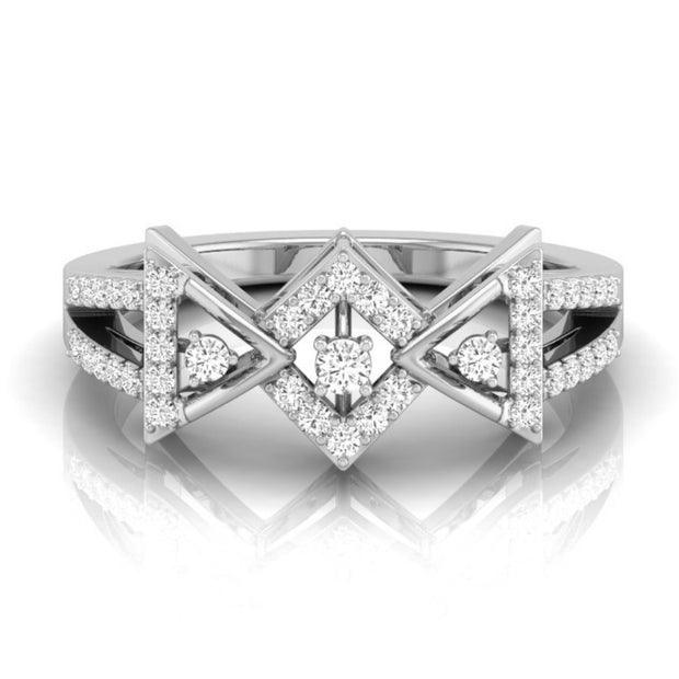 geometric cutwork round cut diamond ring in white gold