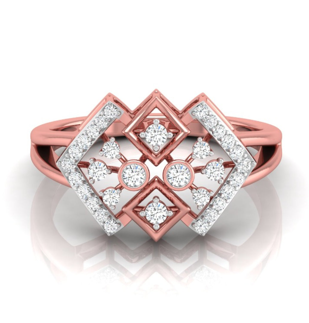 geometric round cut diamond ring in rose gold
