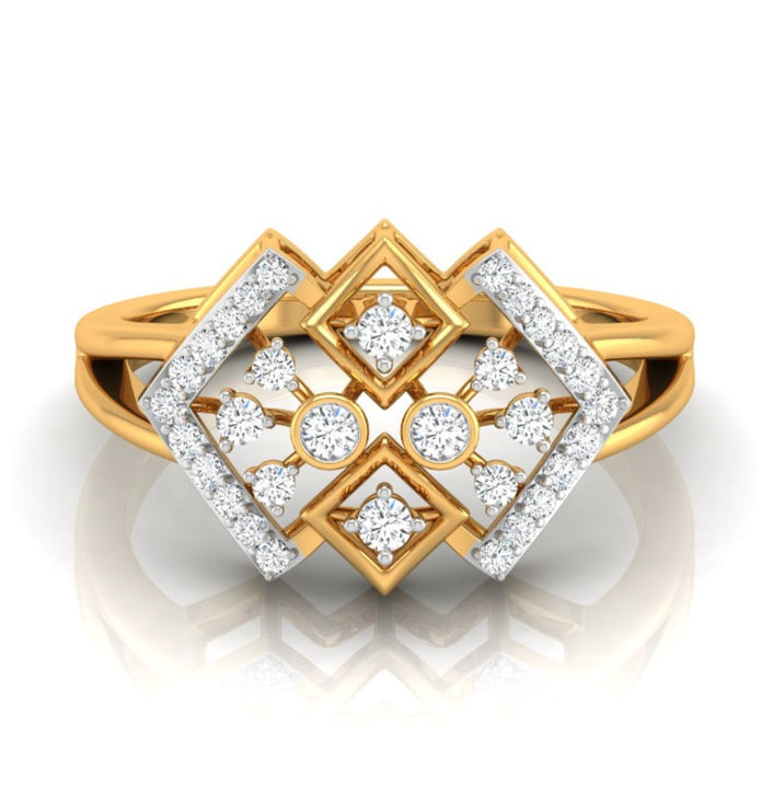 geometric round cut diamond ring in yellow gold