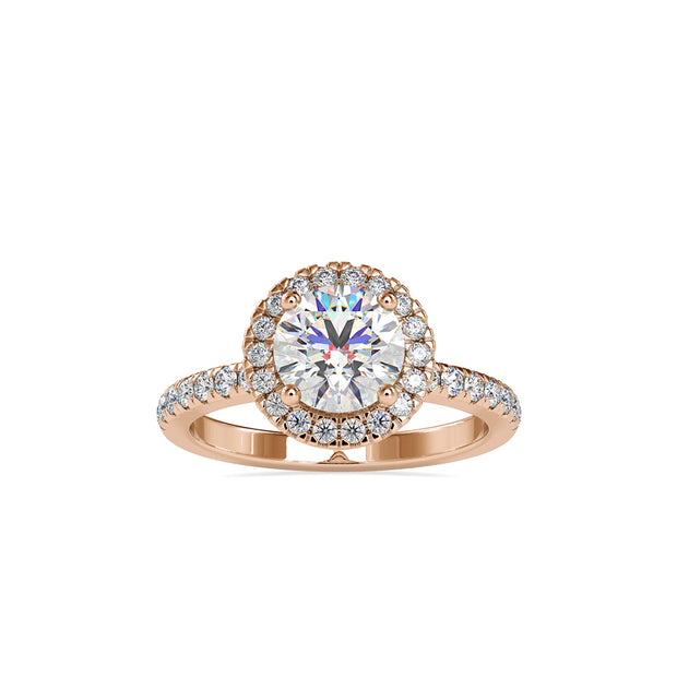 halo round cut lab-grown diamond ring in rose gold