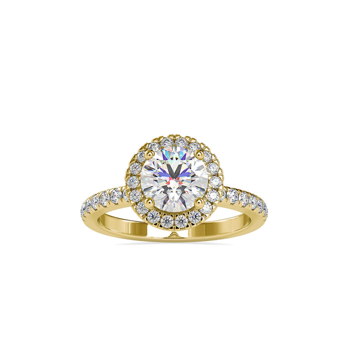 halo round cut lab-grown diamond ring in yellow gold