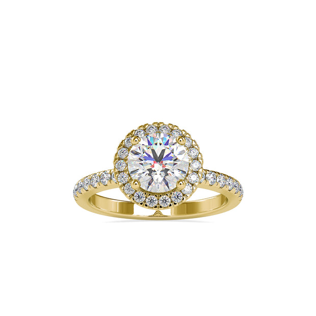 halo round cut lab-grown diamond ring in yellow gold