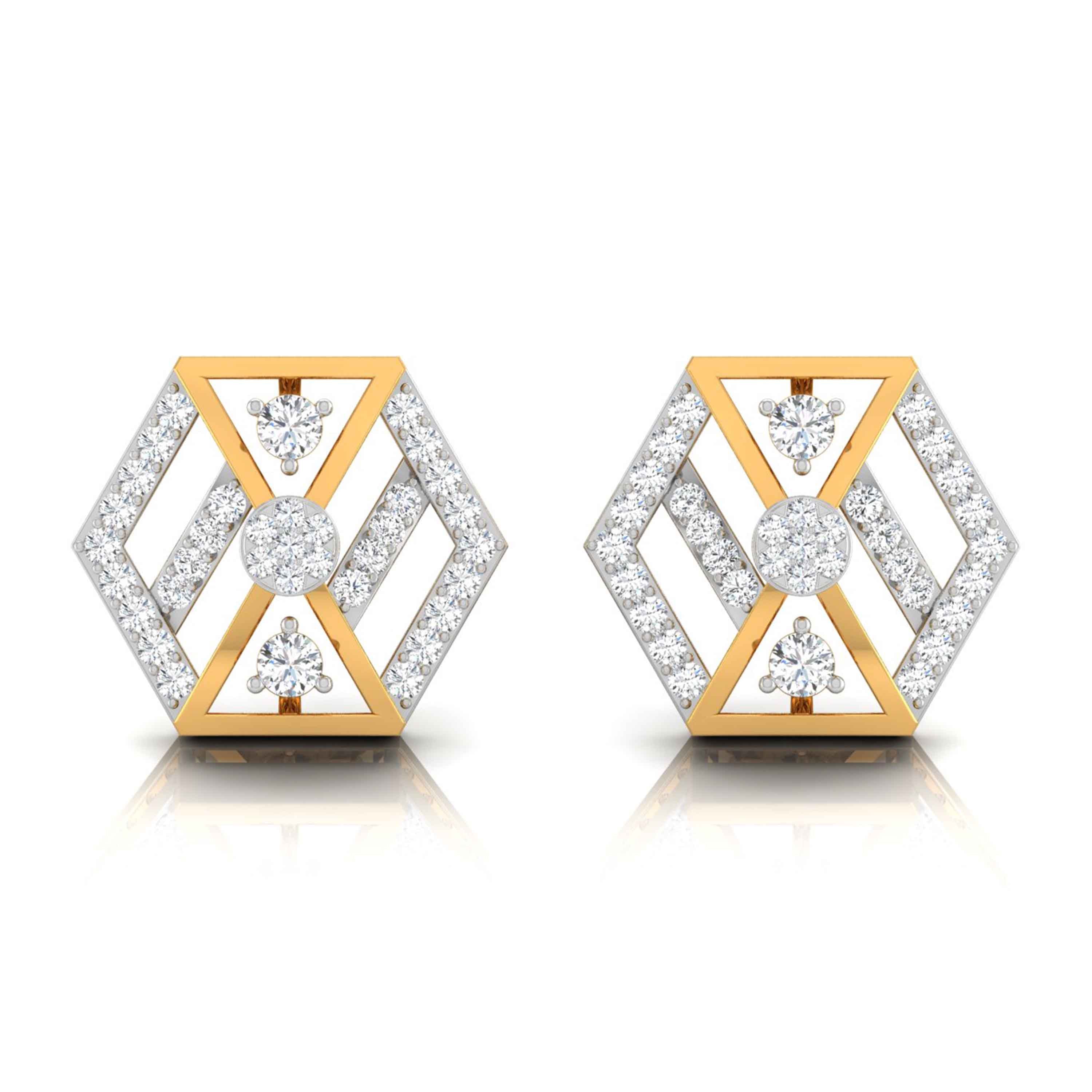 hexagon cluster diamond stud earrings in yellow gold