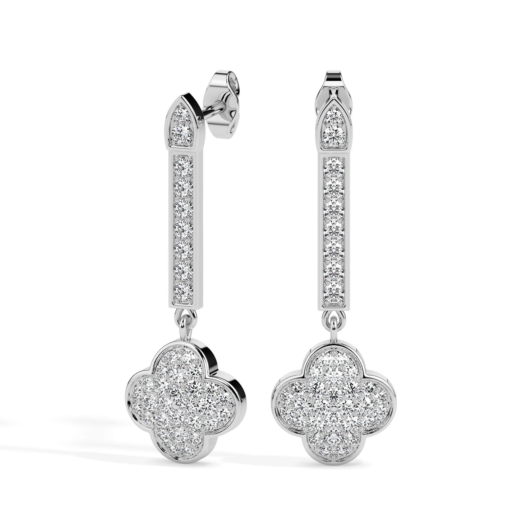 clover cluster diamond drop earrings in white gold