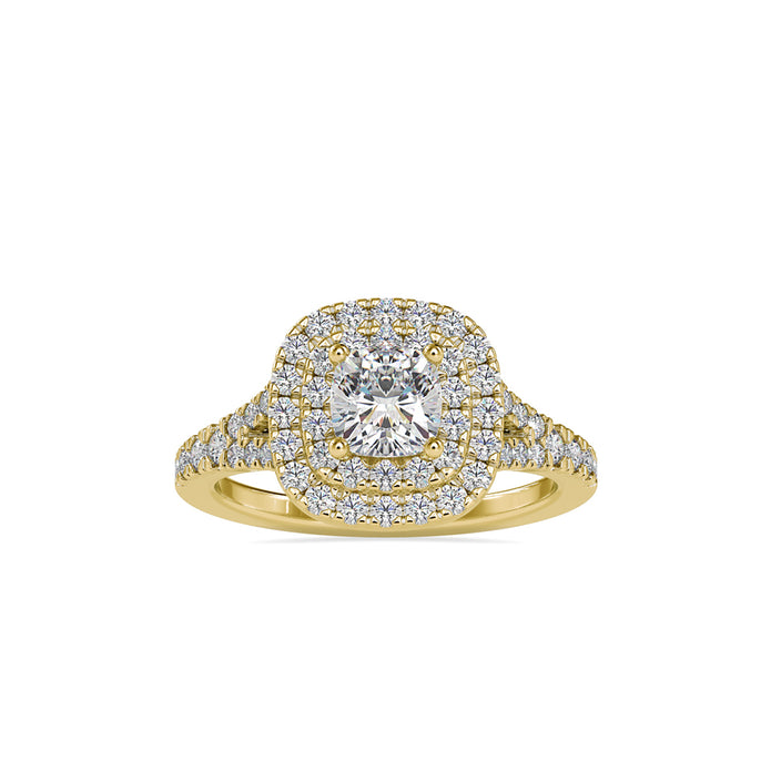 cushion double halo lab-grown diamond ring in yellow gold