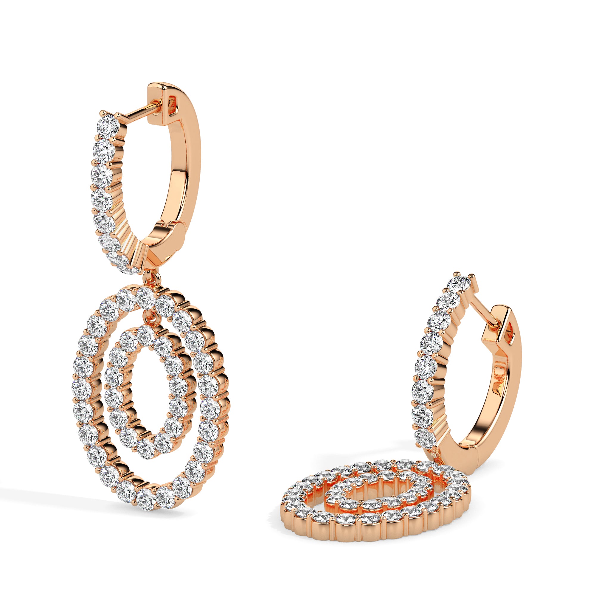 double oval halo diamond hoop earrings in rose gold