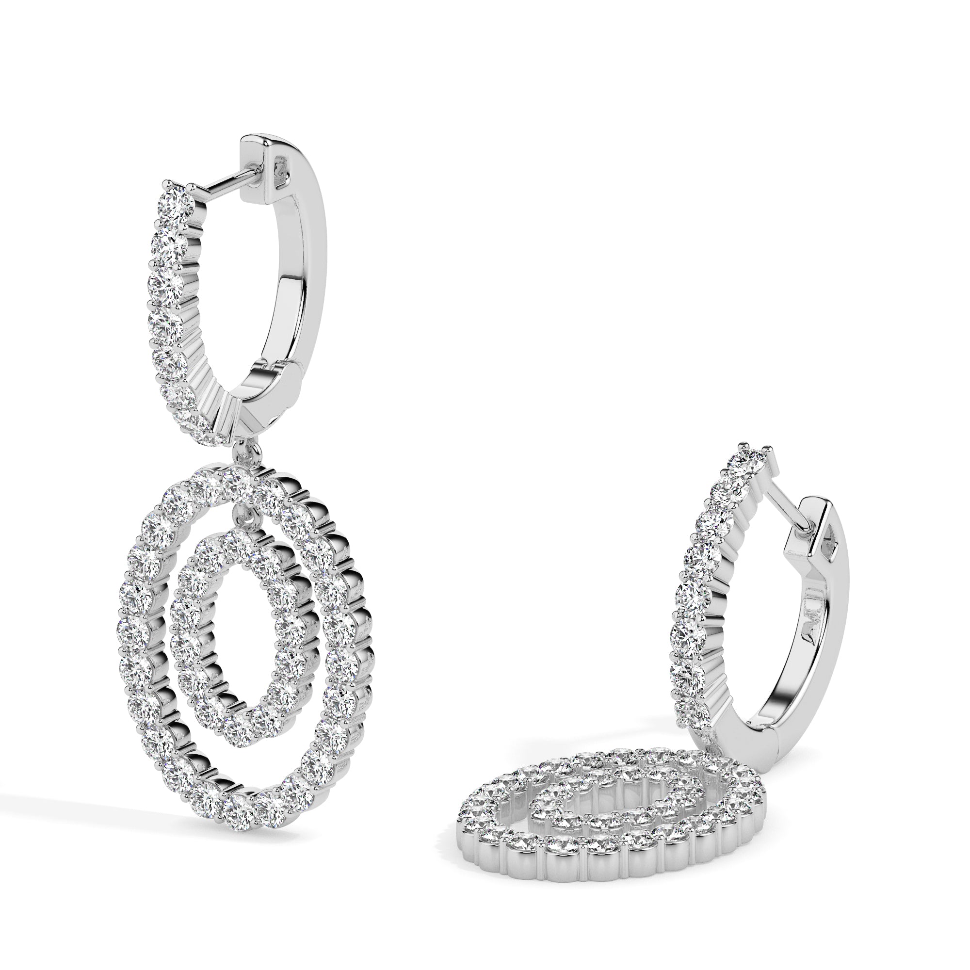 double oval halo diamond hoop earrings in white gold