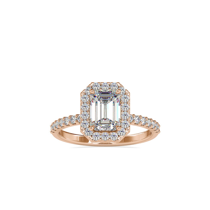 emerald halo lab-grown diamond ring in rose gold