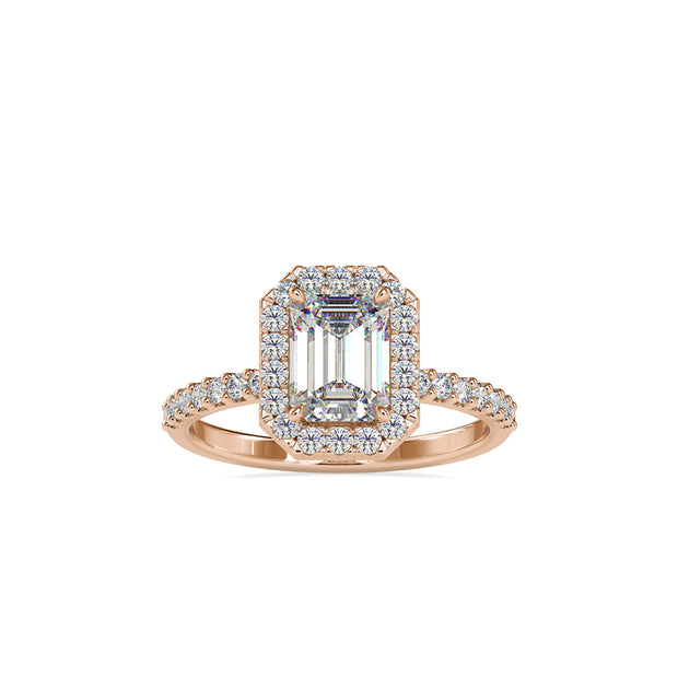 emerald halo lab-grown diamond ring in rose gold