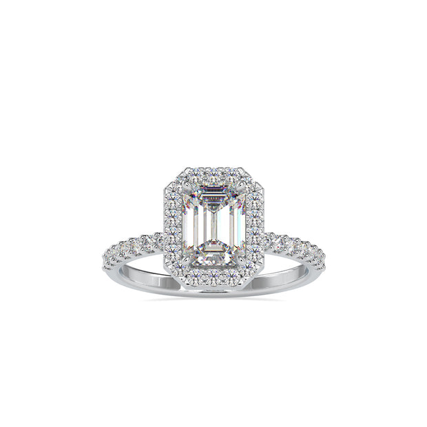 emerald halo lab-grown diamond ring in white gold
