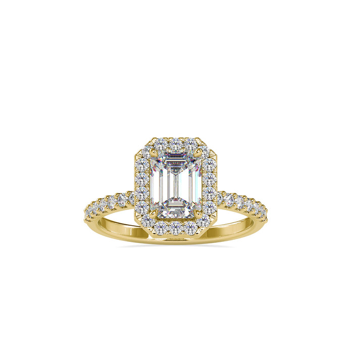 emerald halo lab-grown diamond ring in yellow gold
