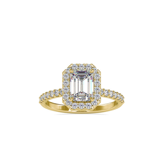 emerald halo lab-grown diamond ring in yellow gold