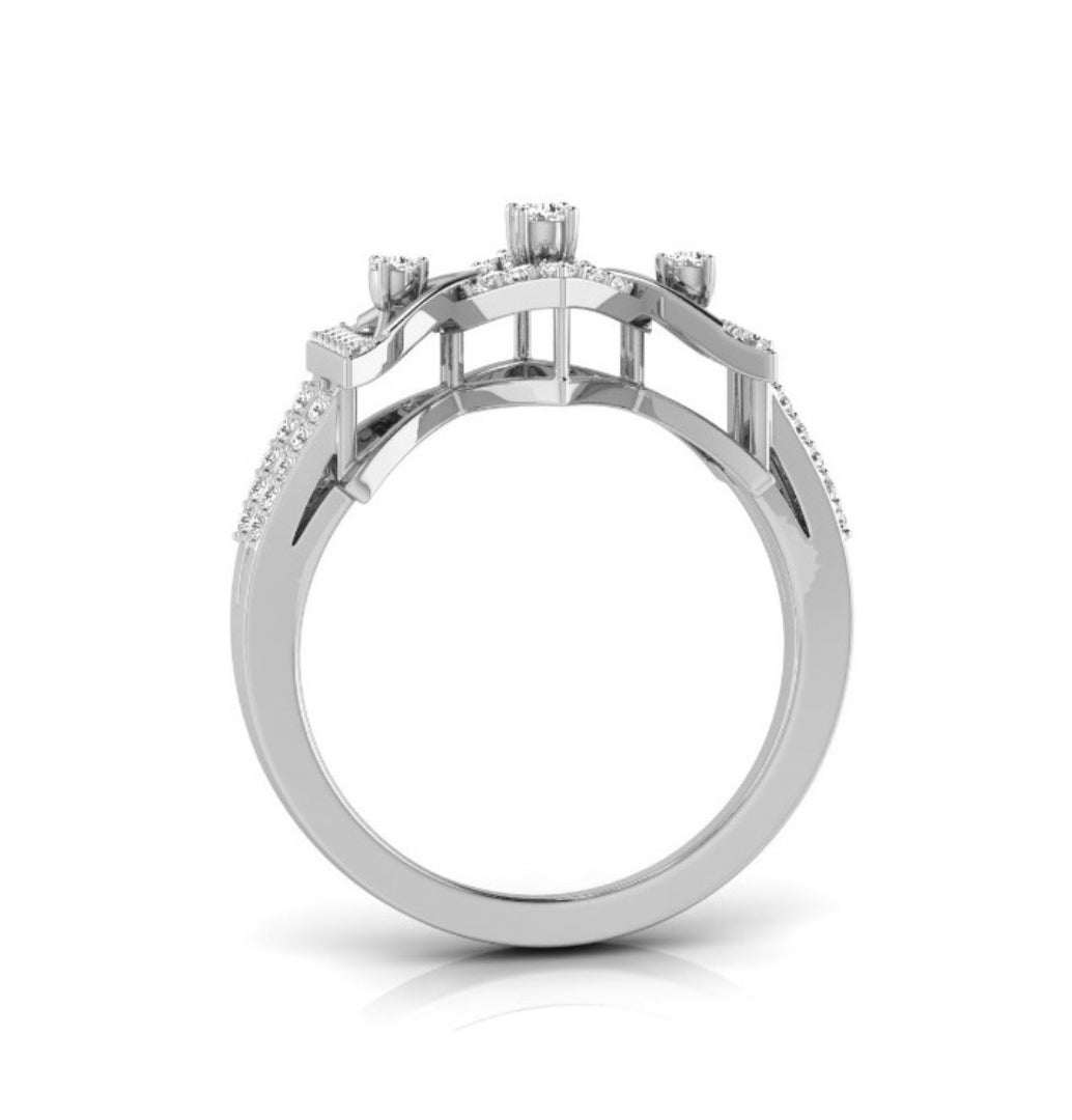 geometric cutwork round cut diamond ring in white gold