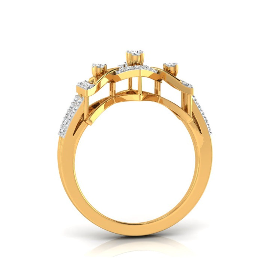 geometric cutwork round cut diamond ring in yellow gold