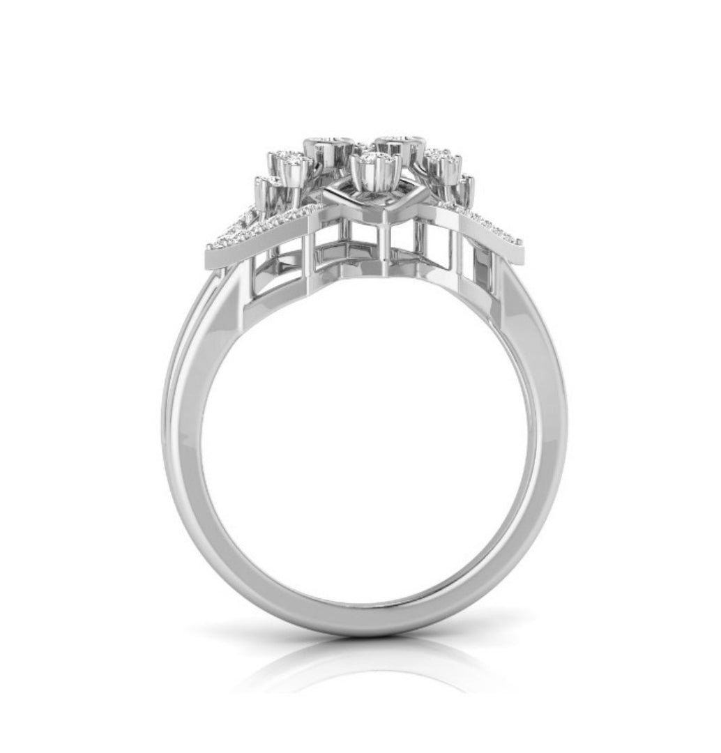 geometric round cut diamond ring in white gold