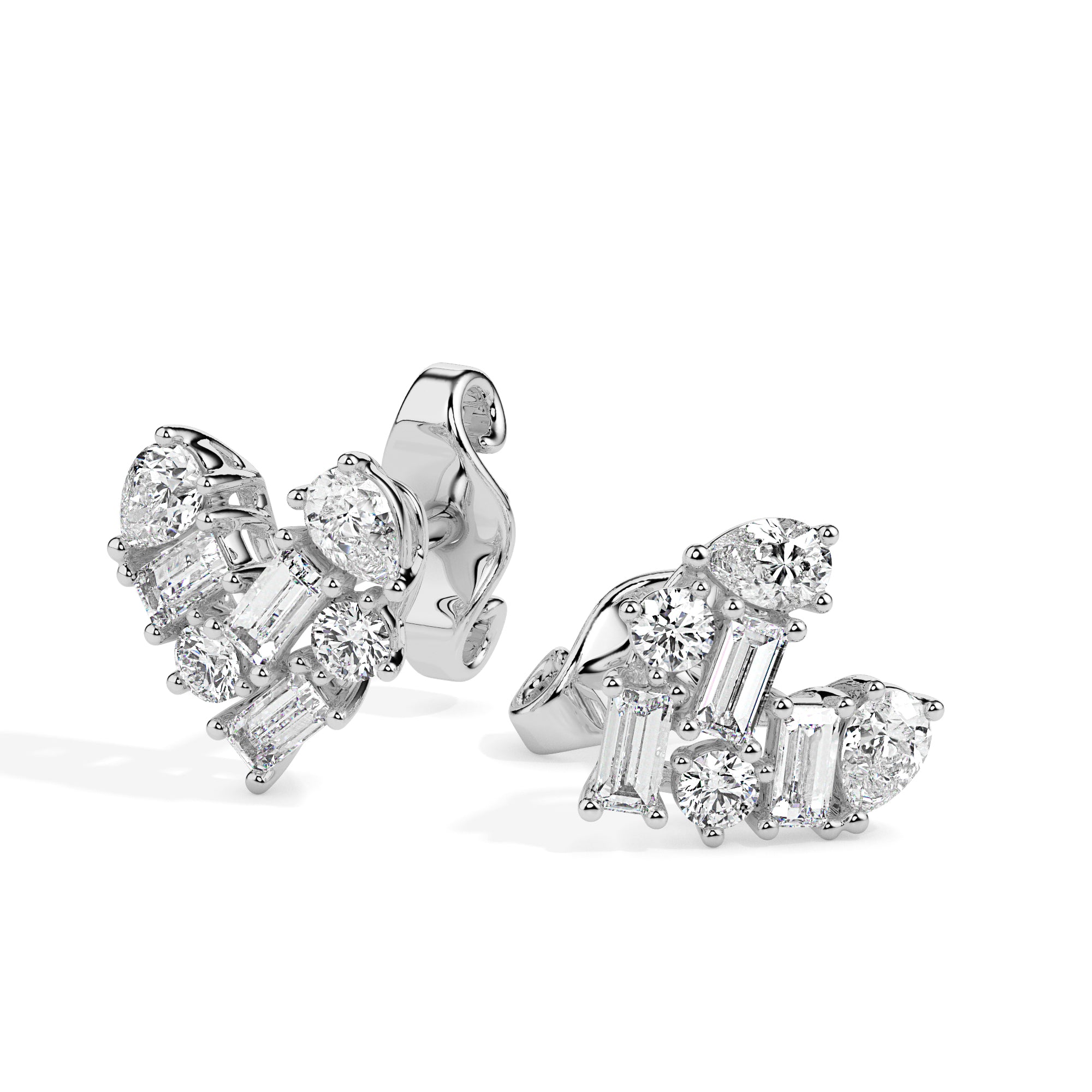 heart cluster diamond stud earrings in white gold