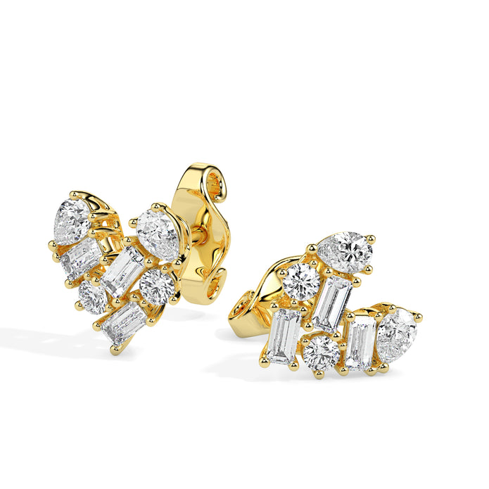 heart cluster diamond stud earrings in yellow gold