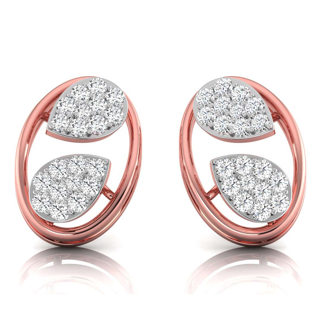 leaf design round diamond stud earrings in rose gold