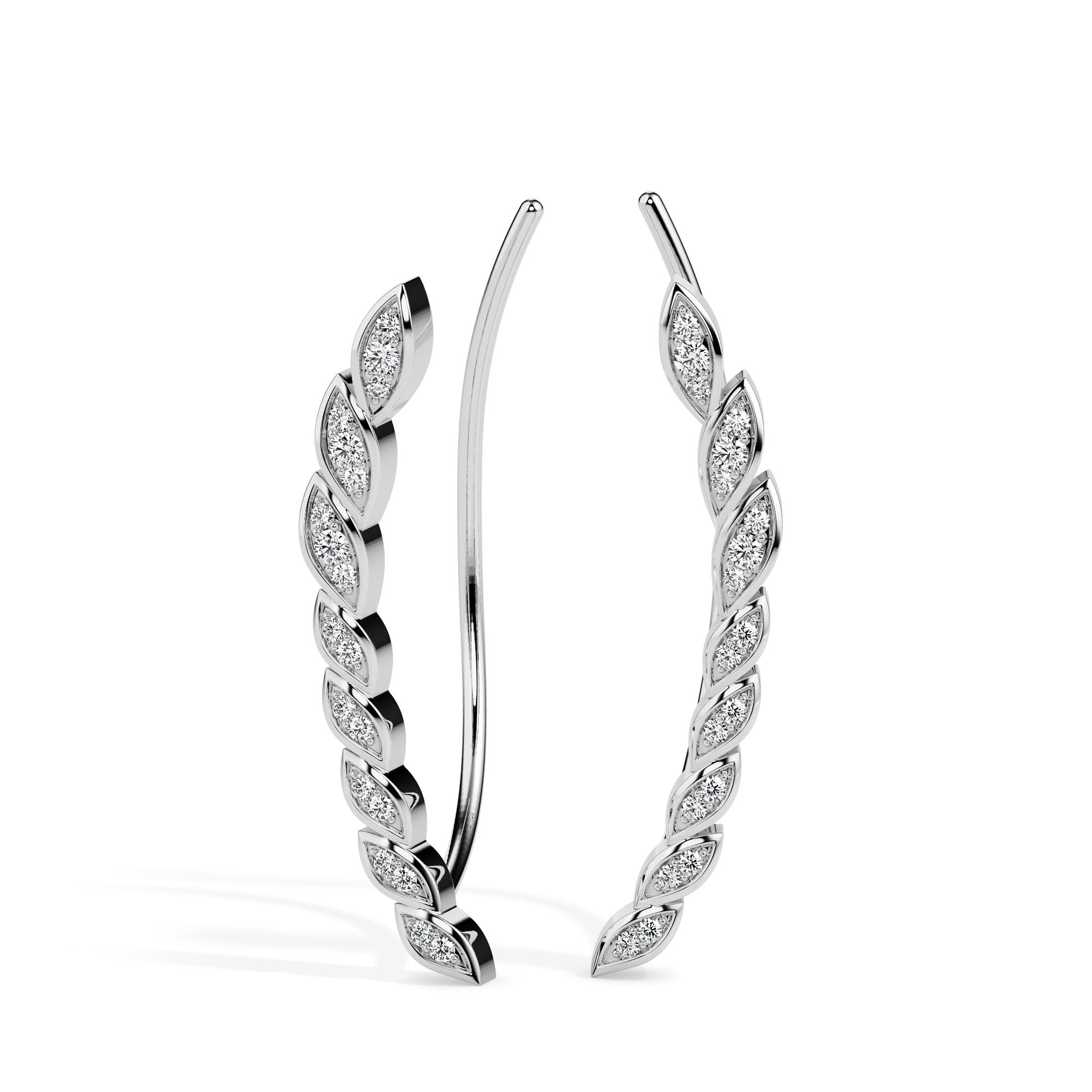leaf shaped diamond climber earrings in white gold