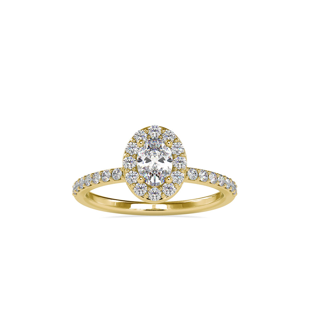oval halo lab-grown diamond ring in yellow gold