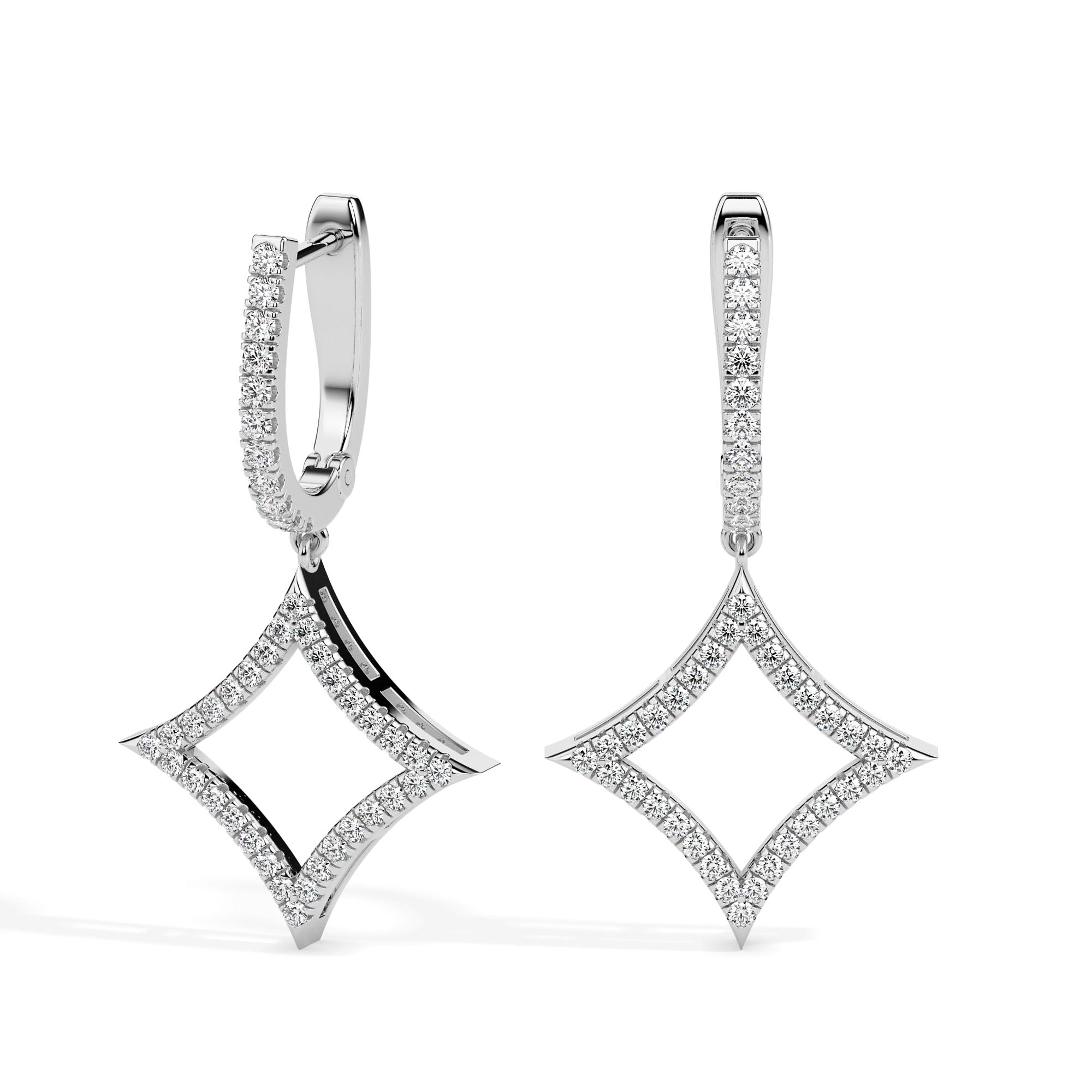 pave diamond hoop drop earrings in white gold