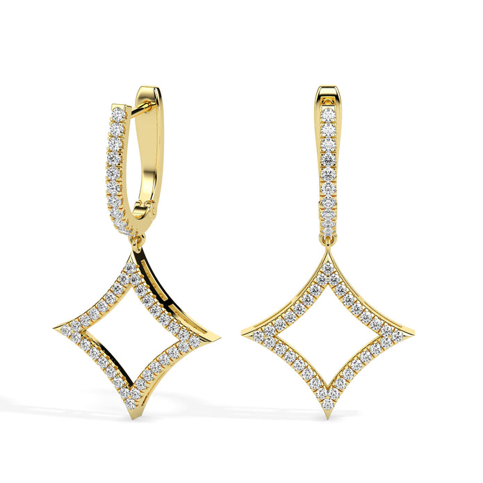 pave diamond hoop drop earrings in yellow gold