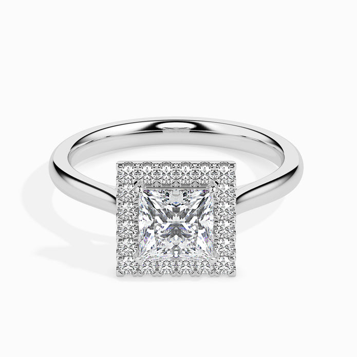 princess cut halo diamond ring in white gold