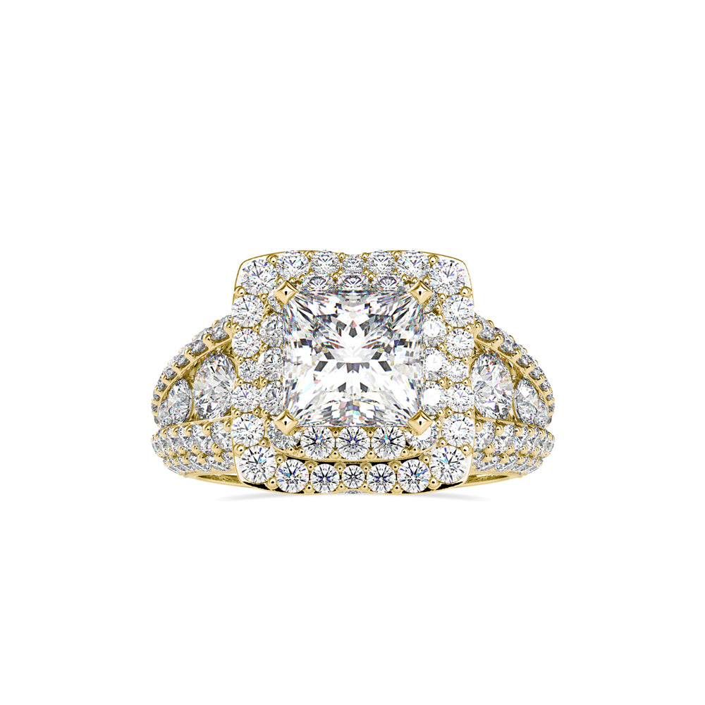 princess cut double halo lab-grown diamond ring in yellow gold