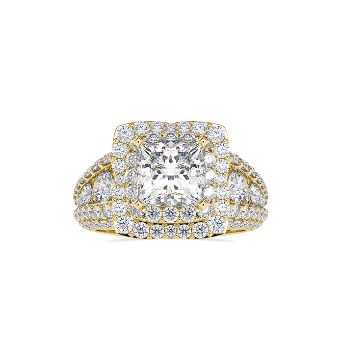 princess cut double halo lab-grown diamond ring in yellow gold