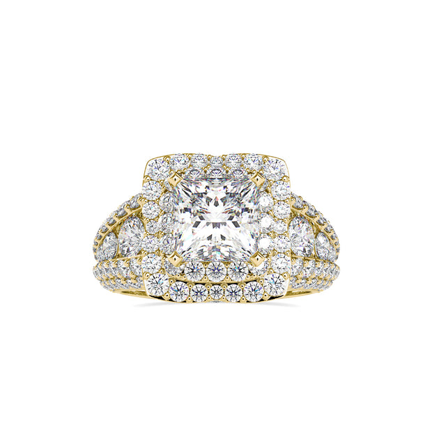 princess cut double halo lab-grown diamond ring in yellow gold