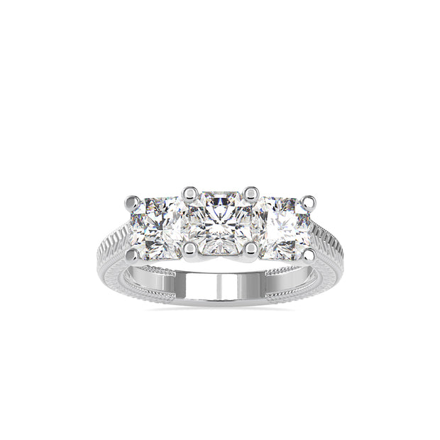 radiant cut three stone lab-grown diamond ring in white gold