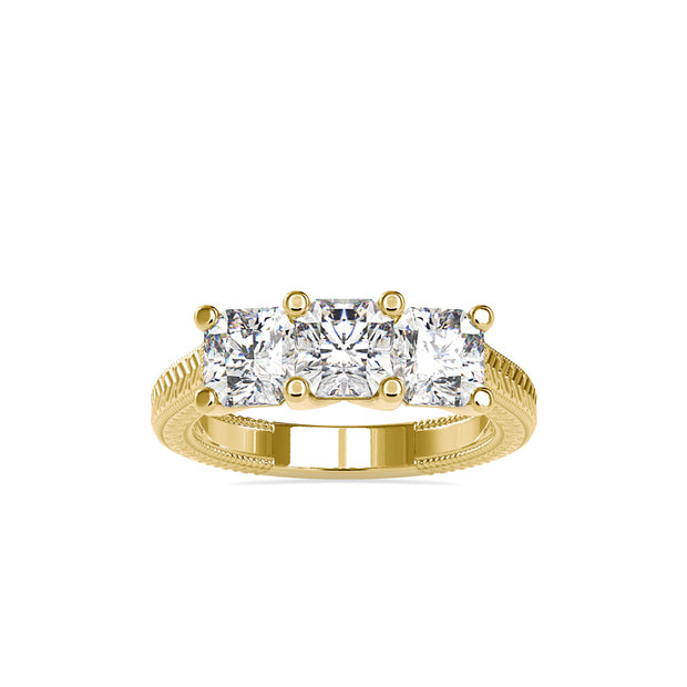 radiant cut three stone lab-grown diamond ring in yellow gold