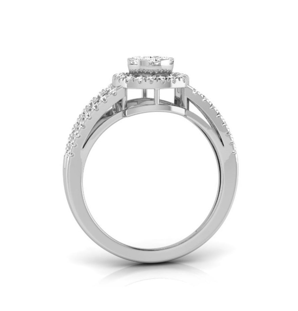 split shank round cluster diamond ring in white gold