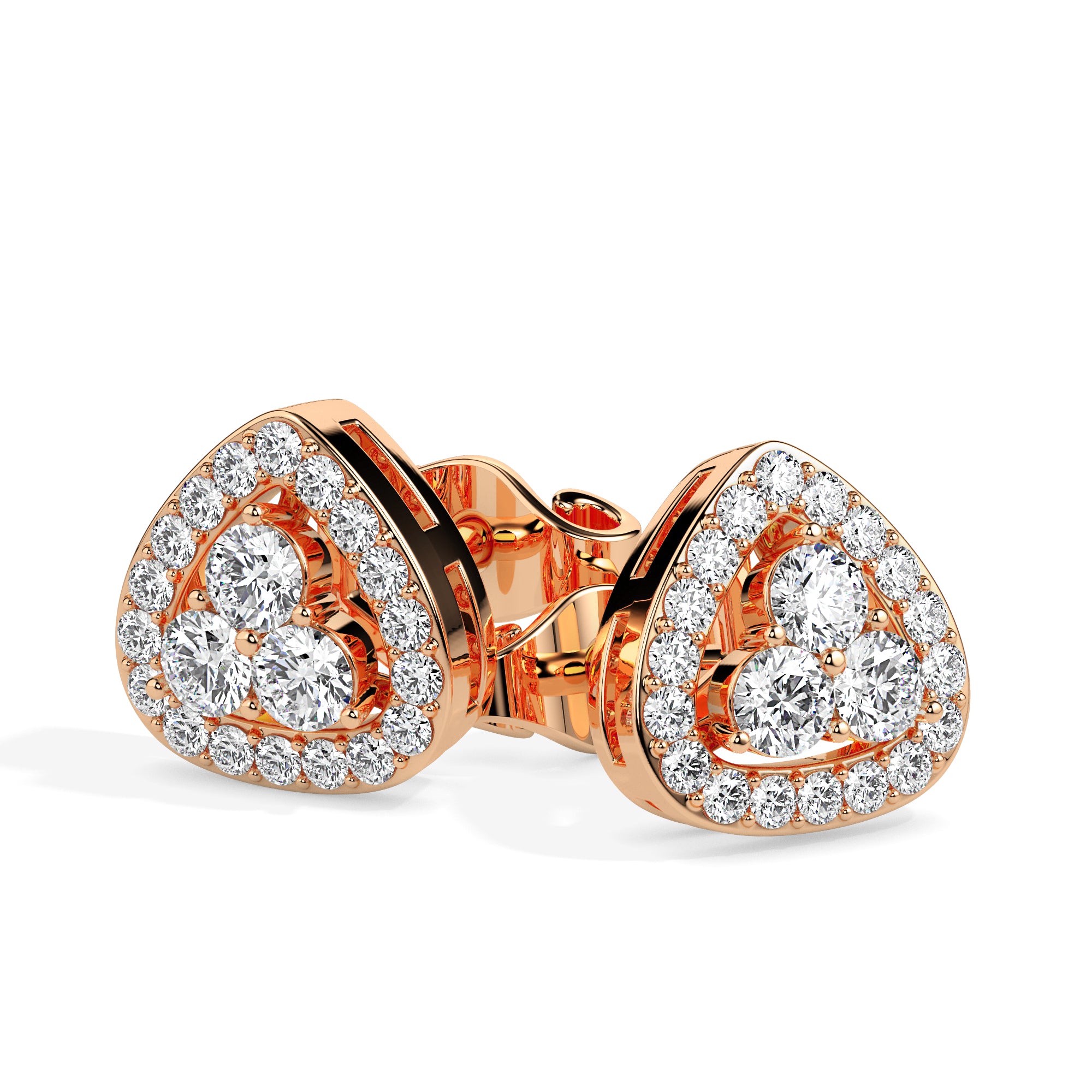 triangle cluster halo diamond stud earrings in rose gold