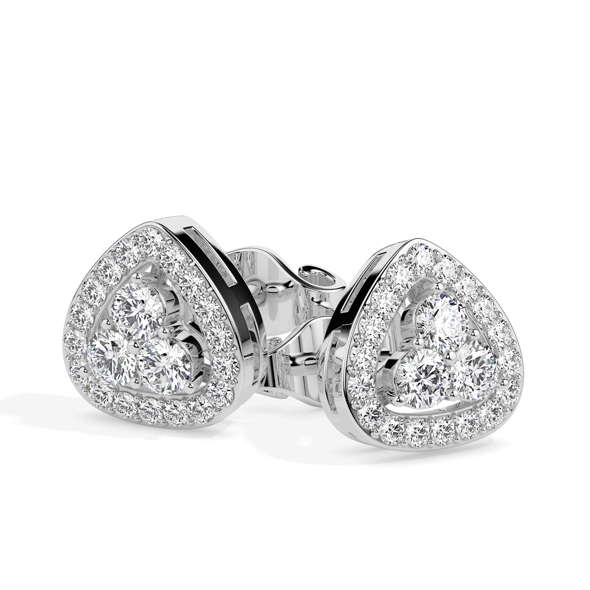 triangle cluster halo diamond stud earrings in white gold