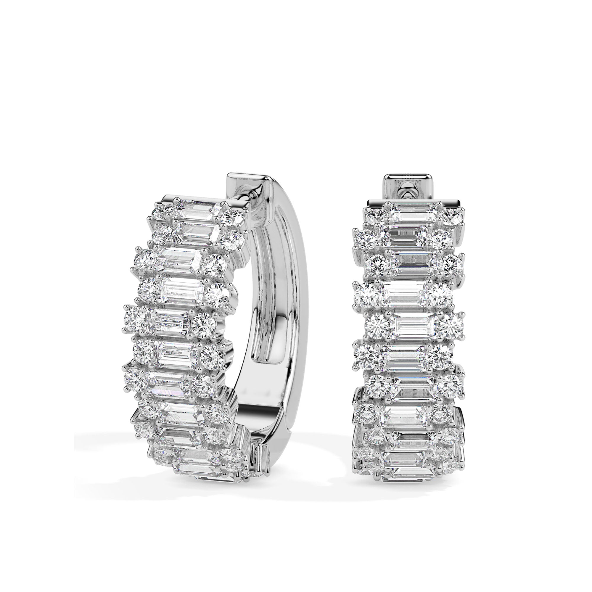 triple row diamond hoop earrings in white gold