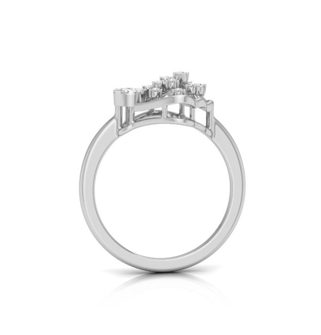 fan-shaped round cut lab-grown diamond ring in white gold