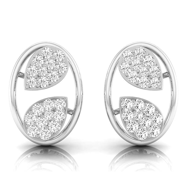 leaf design round diamond stud earrings in white gold
