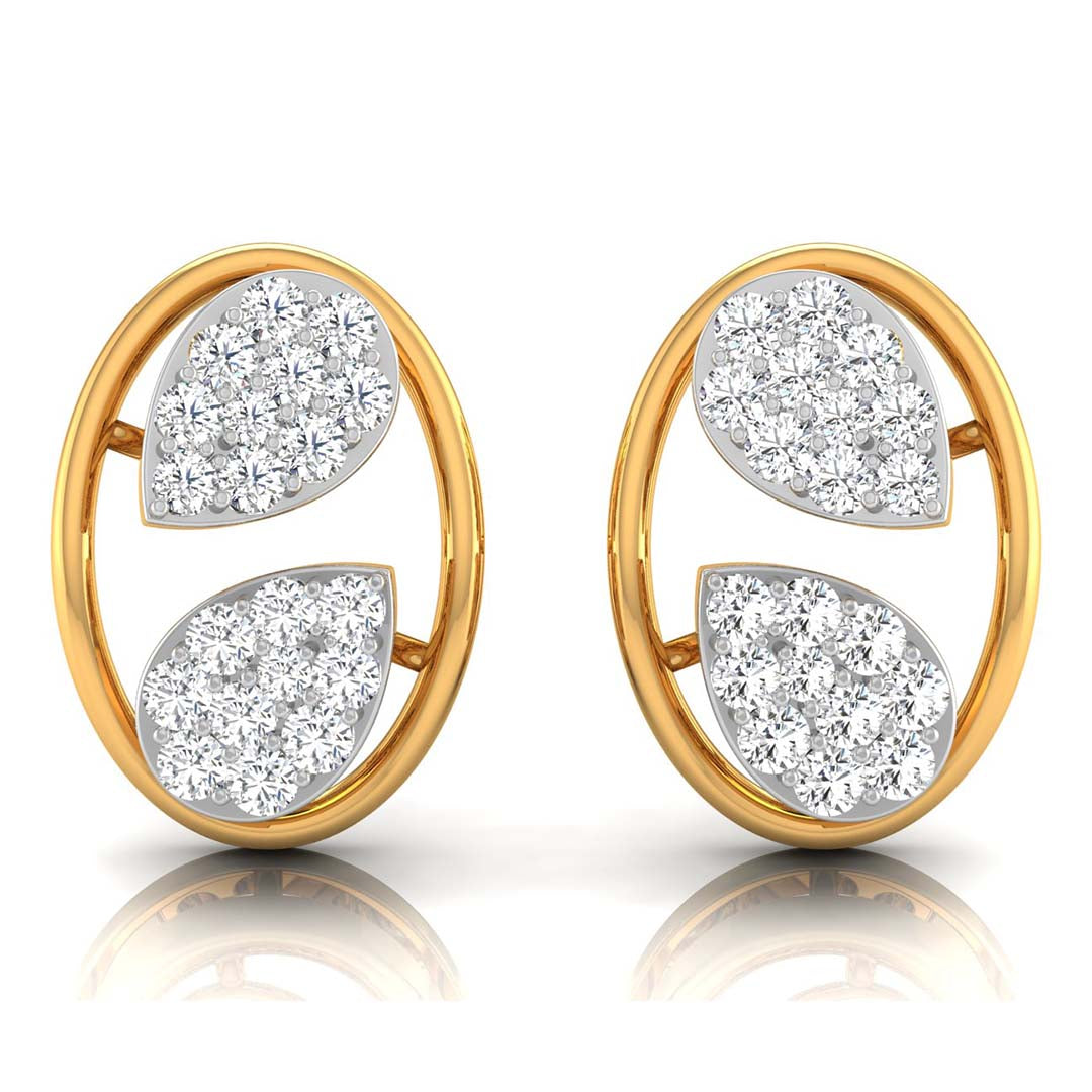 leaf design round diamond stud earrings in yellow gold