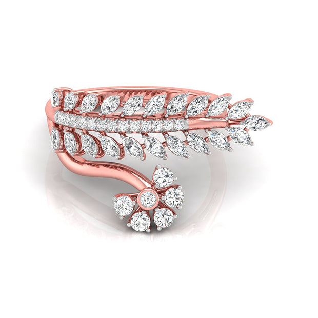 leaf floral marquise and round cut diamond ring in rose gold