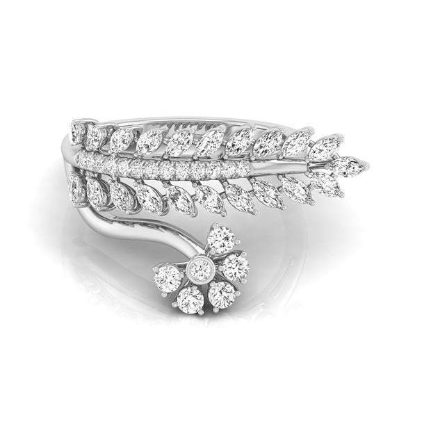 leaf floral marquise and round cut diamond ring in white gold
