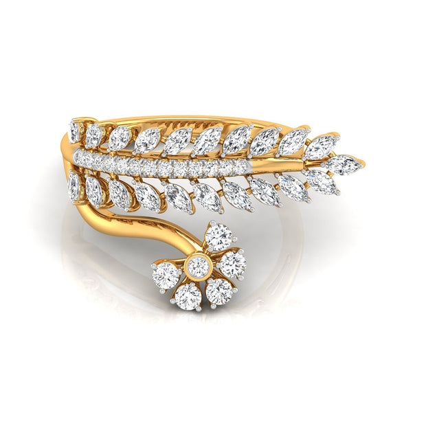 leaf floral marquise and round cut diamond ring in yellow gold