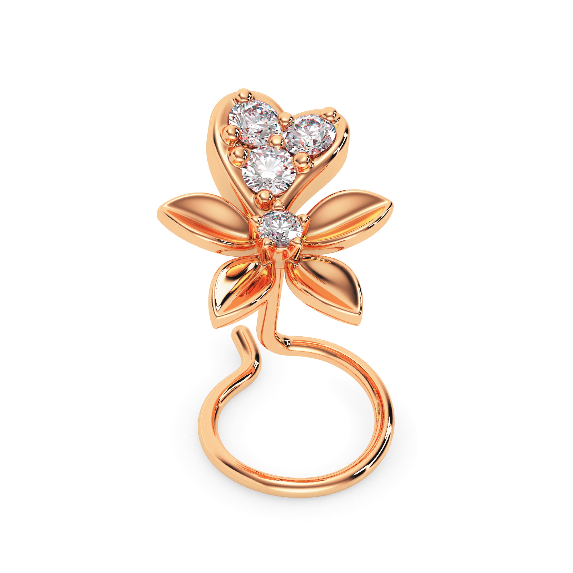 0.05Ct Leaf Style Flower Lab-Grown Diamond Gold Wire Coil Back Stud Nosepins