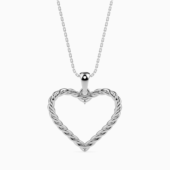 rope style open heart pendant necklace in white gold