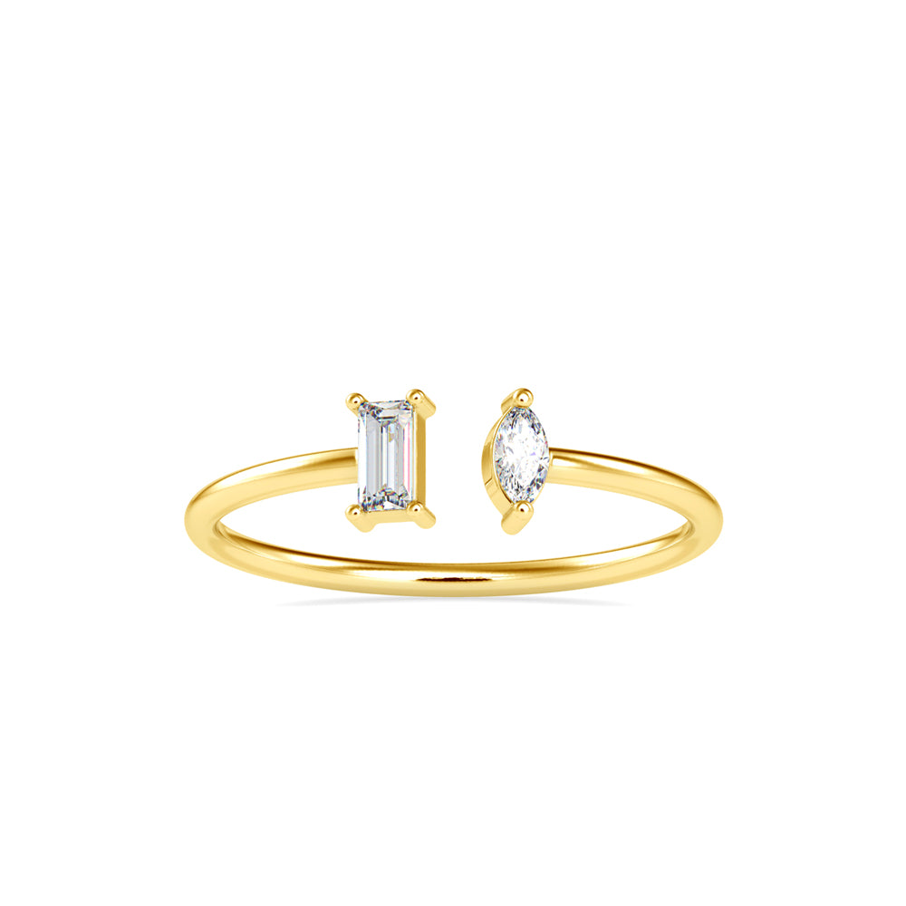 open style two stone diamond ring in yellow gold