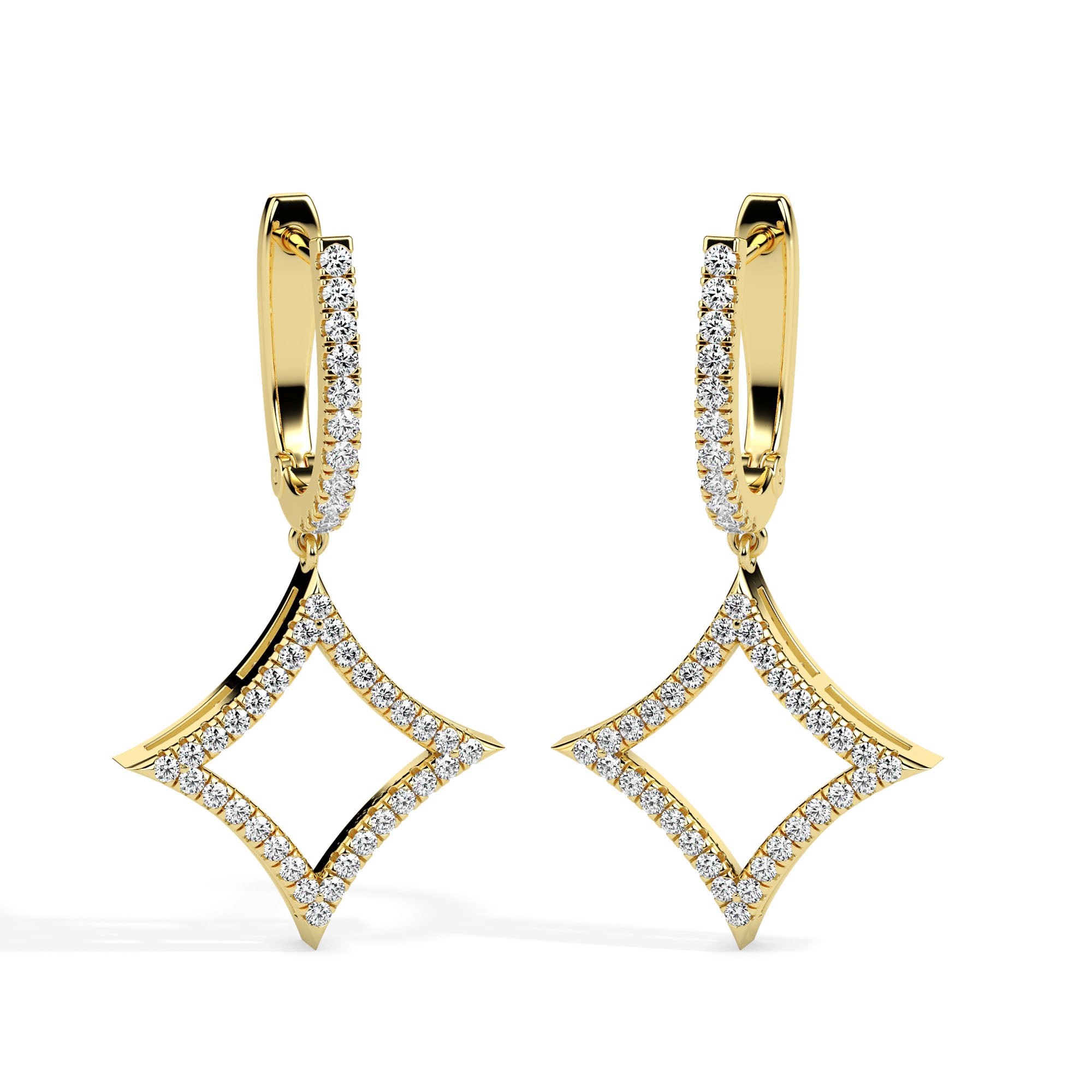 pave diamond hoop drop earrings in yellow gold