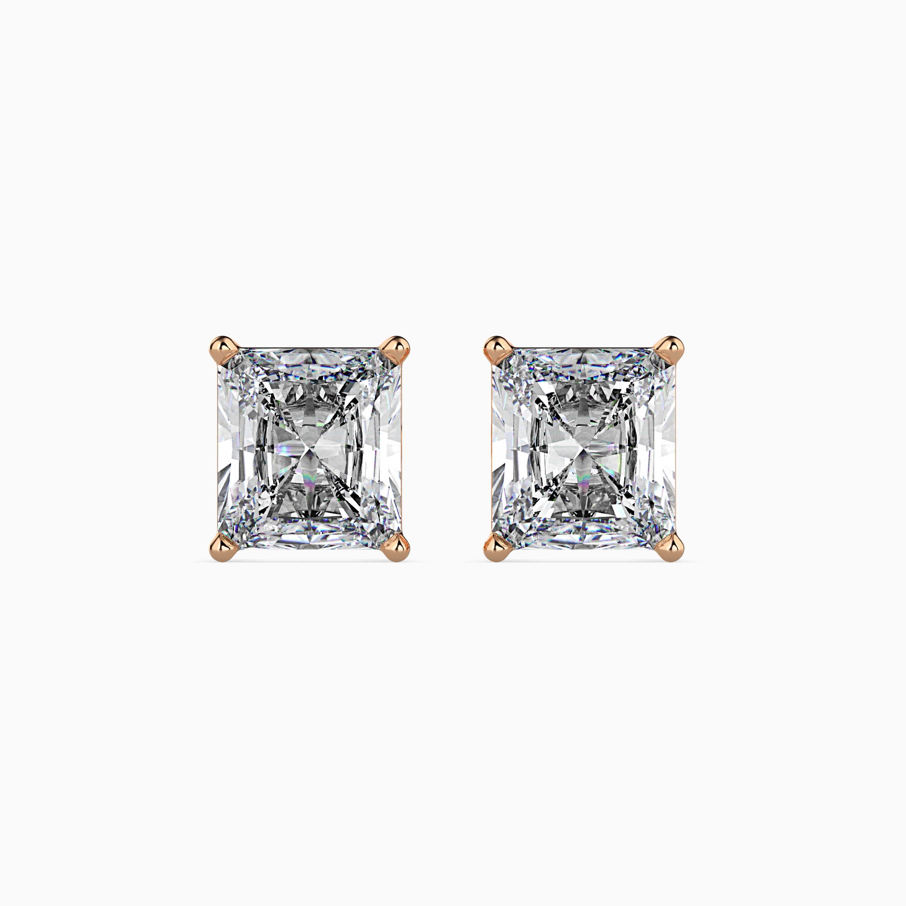 radiant prong set diamond stud earrings in rose gold