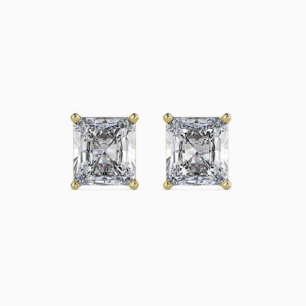 radiant prong set diamond stud earrings in yellow gold